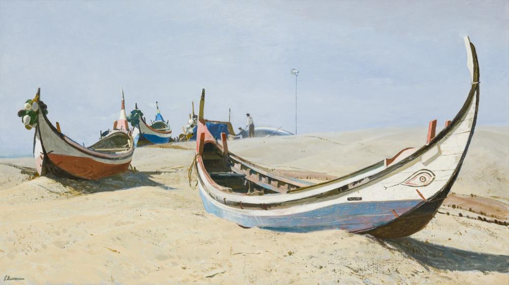 Appraisal: OGDEN MINTON PLEISSNER American - Fishing Boats Sesimbra Portugal oil