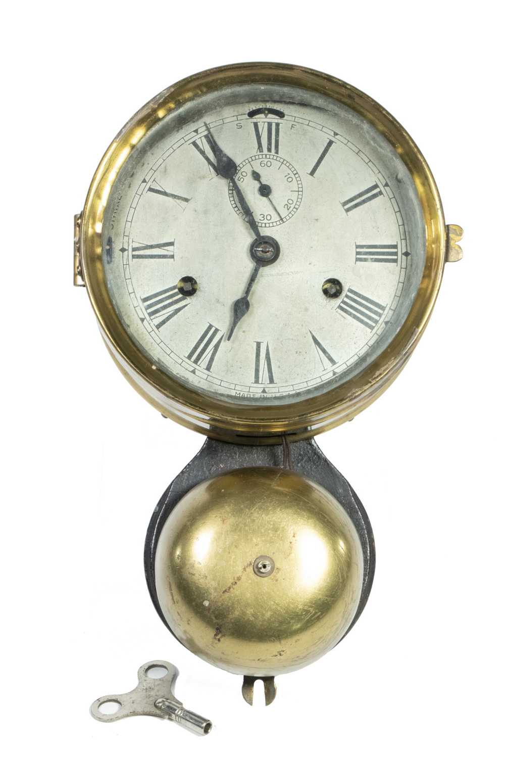 Appraisal: BRASS SHIP'S BELL CLOCK Vintage Marine Wall Clock probably by