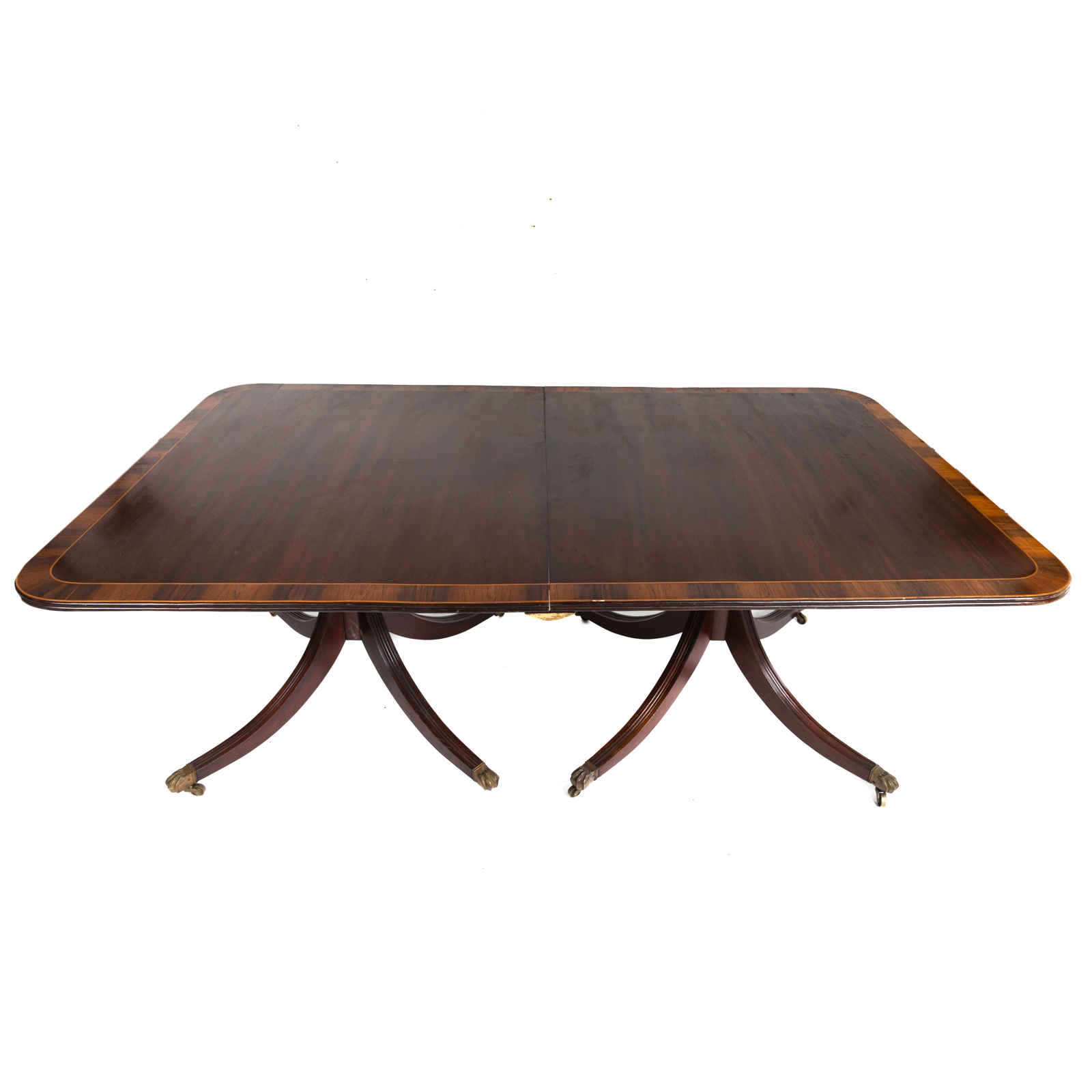 Appraisal: GEORGIAN STYLE BANDED PEDESTAL DINING TABLE th century mahogany table