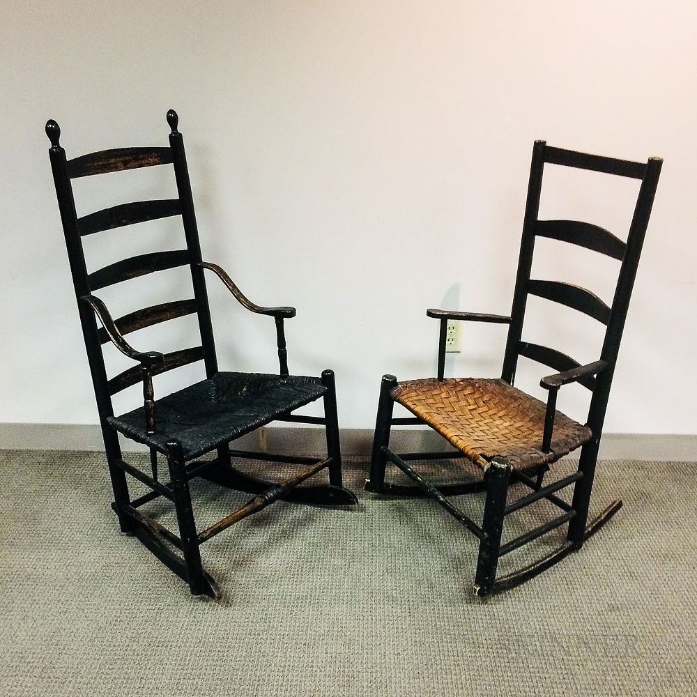 Appraisal: Two Black-painted Slat-back Armed Rocking Chairs Two Black-painted Slat-back Armed