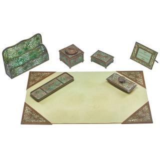 Appraisal: TIFFANY STUDIOS PINE NEEDLE DESK SET Seven Letter holder pen