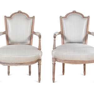 Appraisal: A Pair of Louis XVI Limed Beech Fauteuils Late th