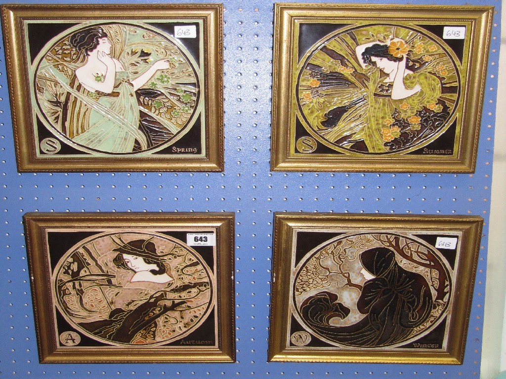 Appraisal: Lot comprising four framed Art Nouveau style tiles depicting women