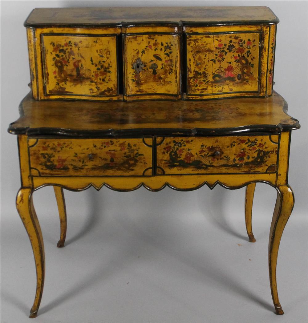 Appraisal: YELLOW PAINTED FRENCH WRITING DESK WITH CHINOISERIE DECORATION in two