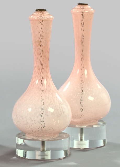 Appraisal: Pair of Murano Silver Leaf-Spangled Pale Pink Cannele Glass Garniture