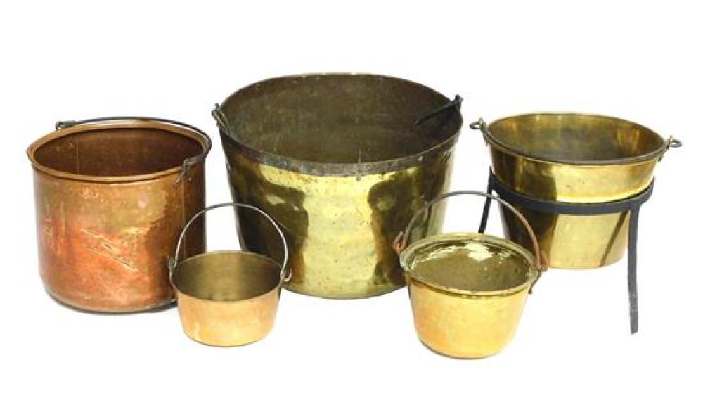 Appraisal: Five metal pots and stand late th th C brass