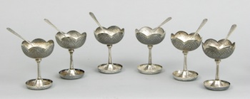 Appraisal: A Set of Six Indian Silver Stemmed Dishes and Spoons