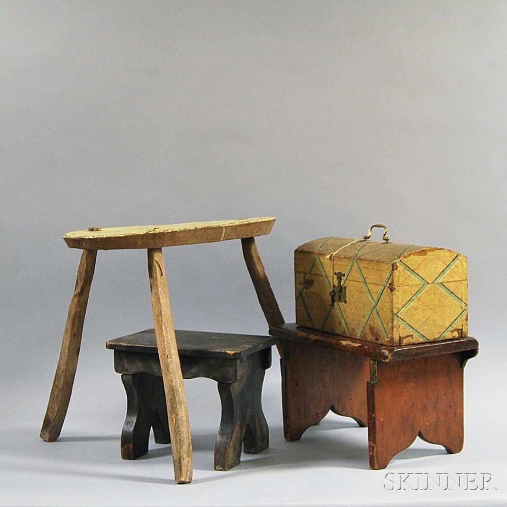 Appraisal: Three Country Stools and a Wallpaper-covered Dome-top Document Box America