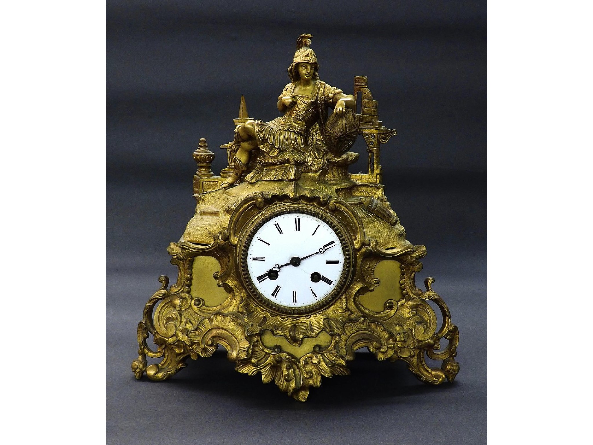 Appraisal: French gilt spelter figural mantel clock the two train dial