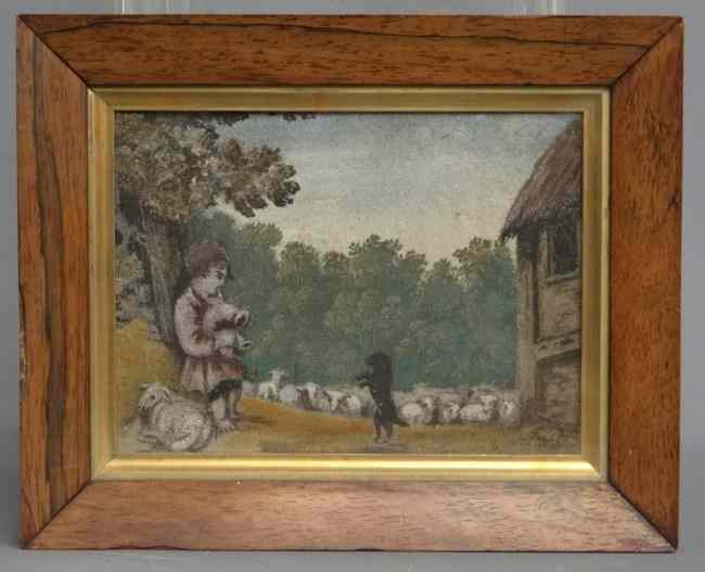 Appraisal: th c colored sandpaper drawing boy and animals Site ''