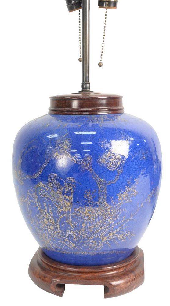 Appraisal: Chinese Kangxi powder blue Ginger Jar electrified into a table