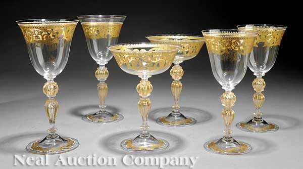 Appraisal: A Set of Salviati Gilt-Decorated Venetian Blown Glass Stemware comprising