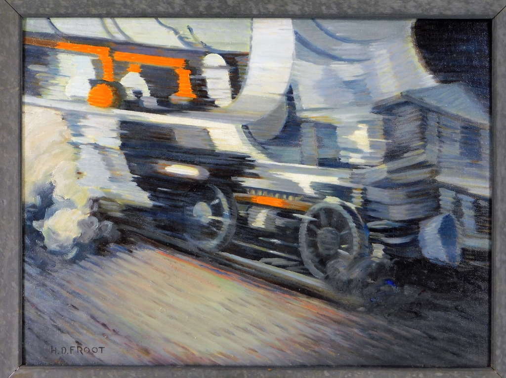 Appraisal: HARRY FROOT ART DECO LOCOMOTIVE IN MOTION PAINTING Harry D