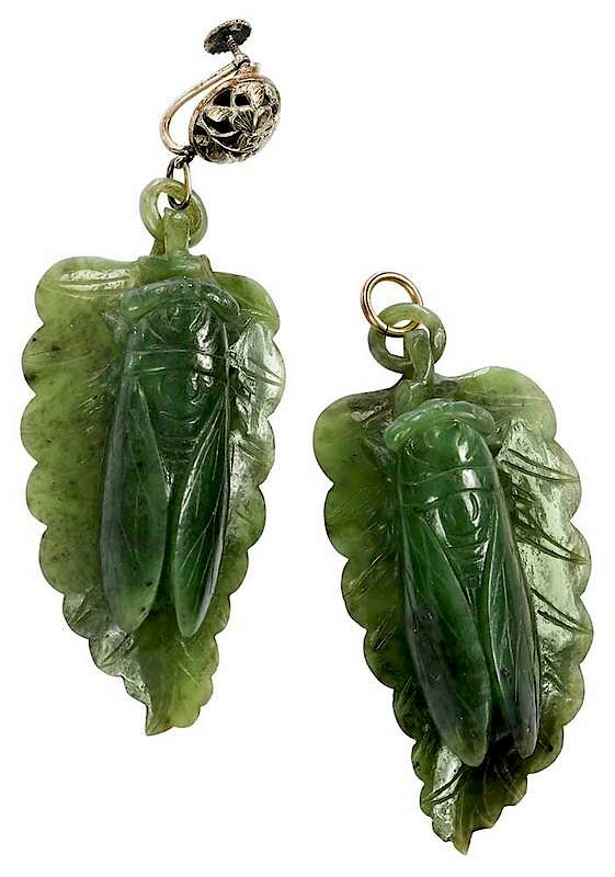 Appraisal: Pair Carved Jade Cicadas one fashioned as earclip one as