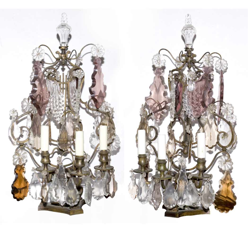 Appraisal: Pair of Louis XV Style Patinated-Metal and Glass Three-Light Girandoles