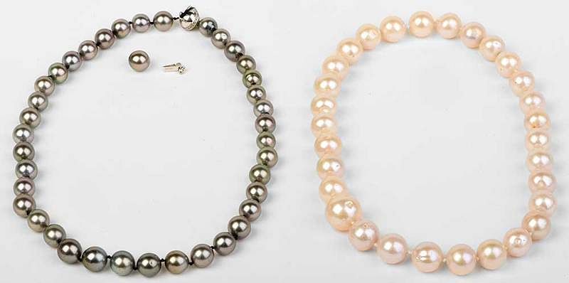 Appraisal: Two Pearl Necklaces knotted irregular shaped pink tone cultured pearls