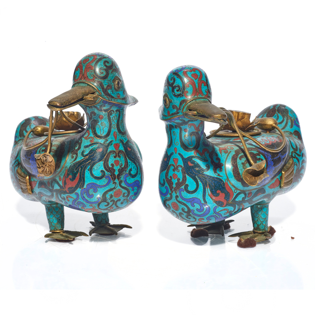 Appraisal: PAIR OF CHINESE CLOISONNE ENAMEL DUCK-FORM VESSELS Pair of Chinese