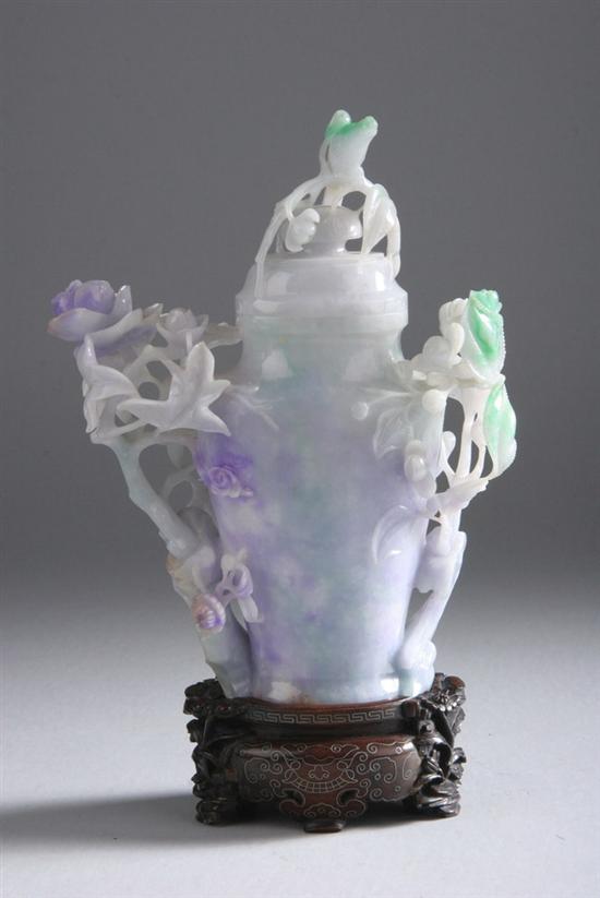 Appraisal: CHINESE WHITE APPLE GREEN AND LAVENDER JADE VASE AND COVER