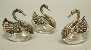 Appraisal: Set Sterling Swan Crystal Salts Swans with hin Set Sterling