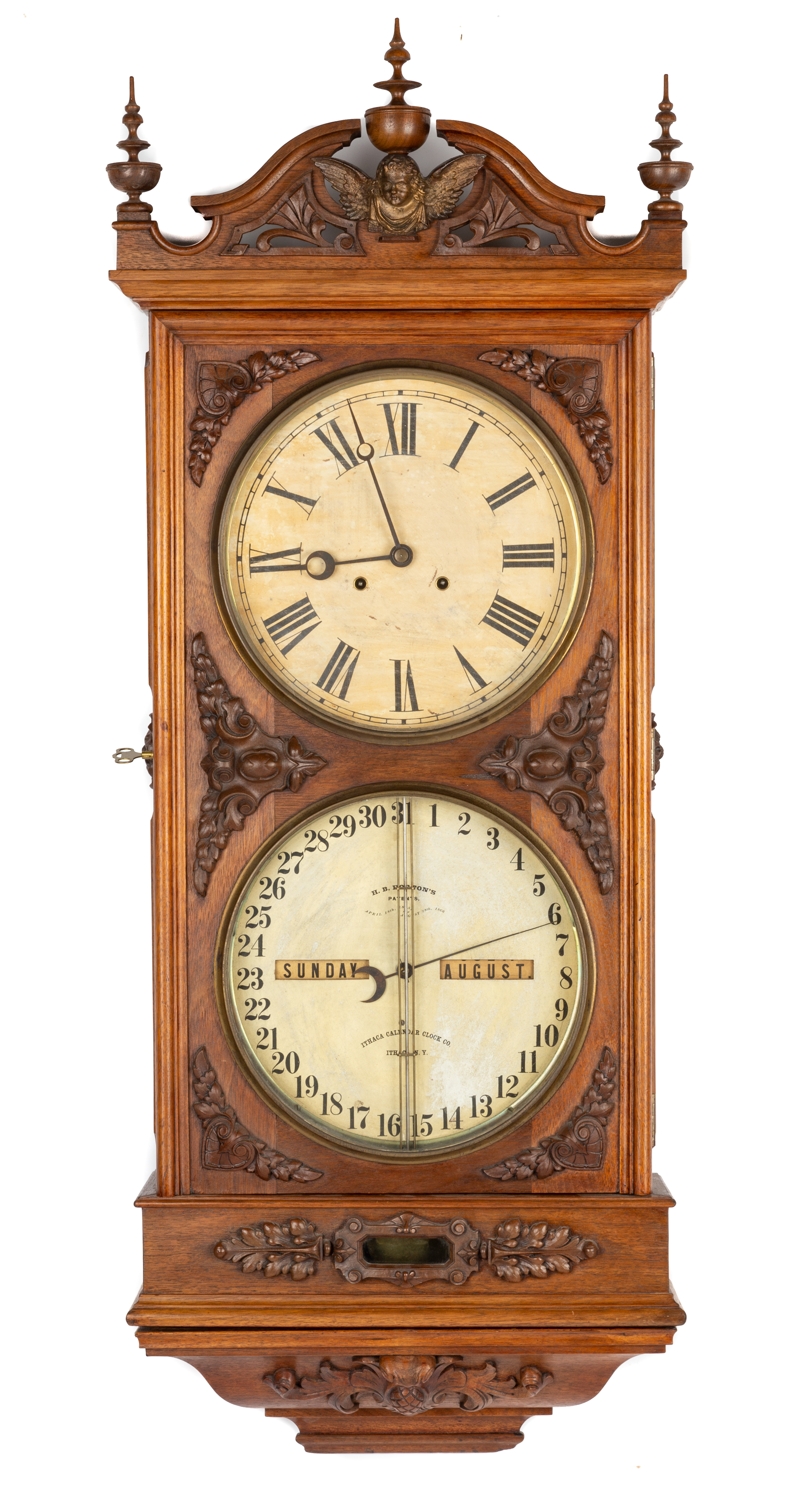 Appraisal: ITHACA REGULATOR NO WALL CALENDAR CLOCK th century Carved walnut