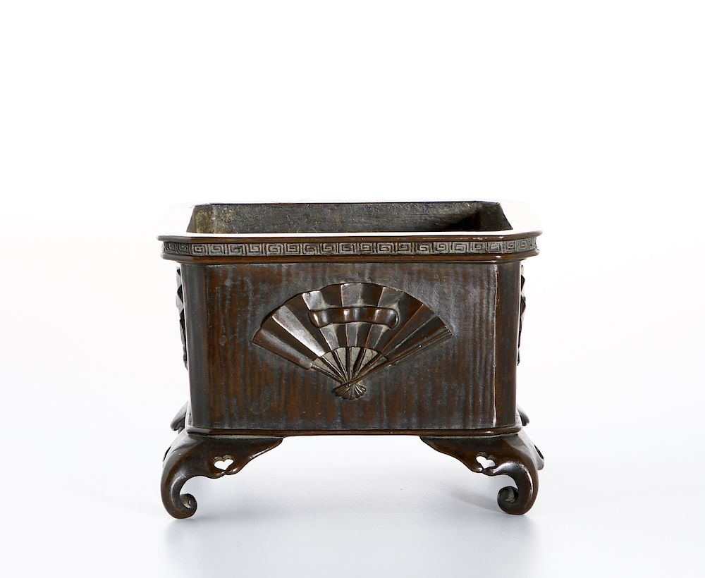 Appraisal: Chinese Bronze Censer Of rectangular section the flaring sides supported