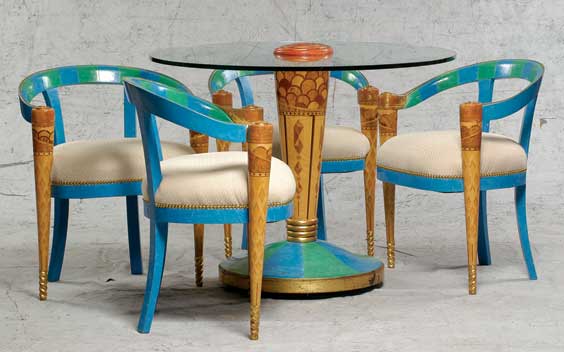 Appraisal: GLASS TOP TABLE AND FOUR CHAIRS Art Deco Egyptian Revival