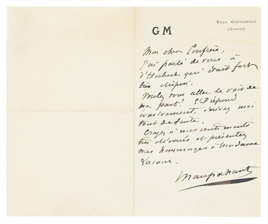 Appraisal: MAUPASSANT GUY DE Brief Autograph Letter Signed Maupassant to an