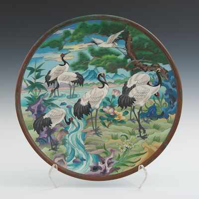 Appraisal: A Beautiful Chinese Cloisonne Charger with Cranes River scene with