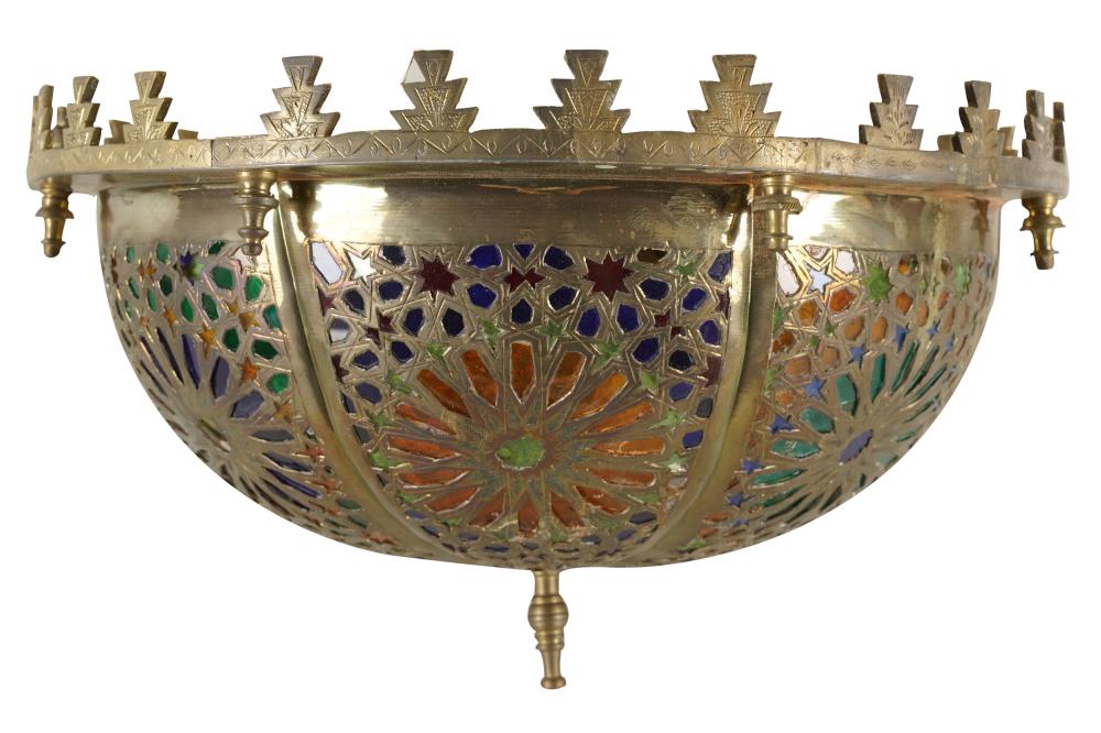 Appraisal: MOORISH-STYLE BRASS GLASS CEILING FIXTUREProvenance The Estate of Barbara Beretich