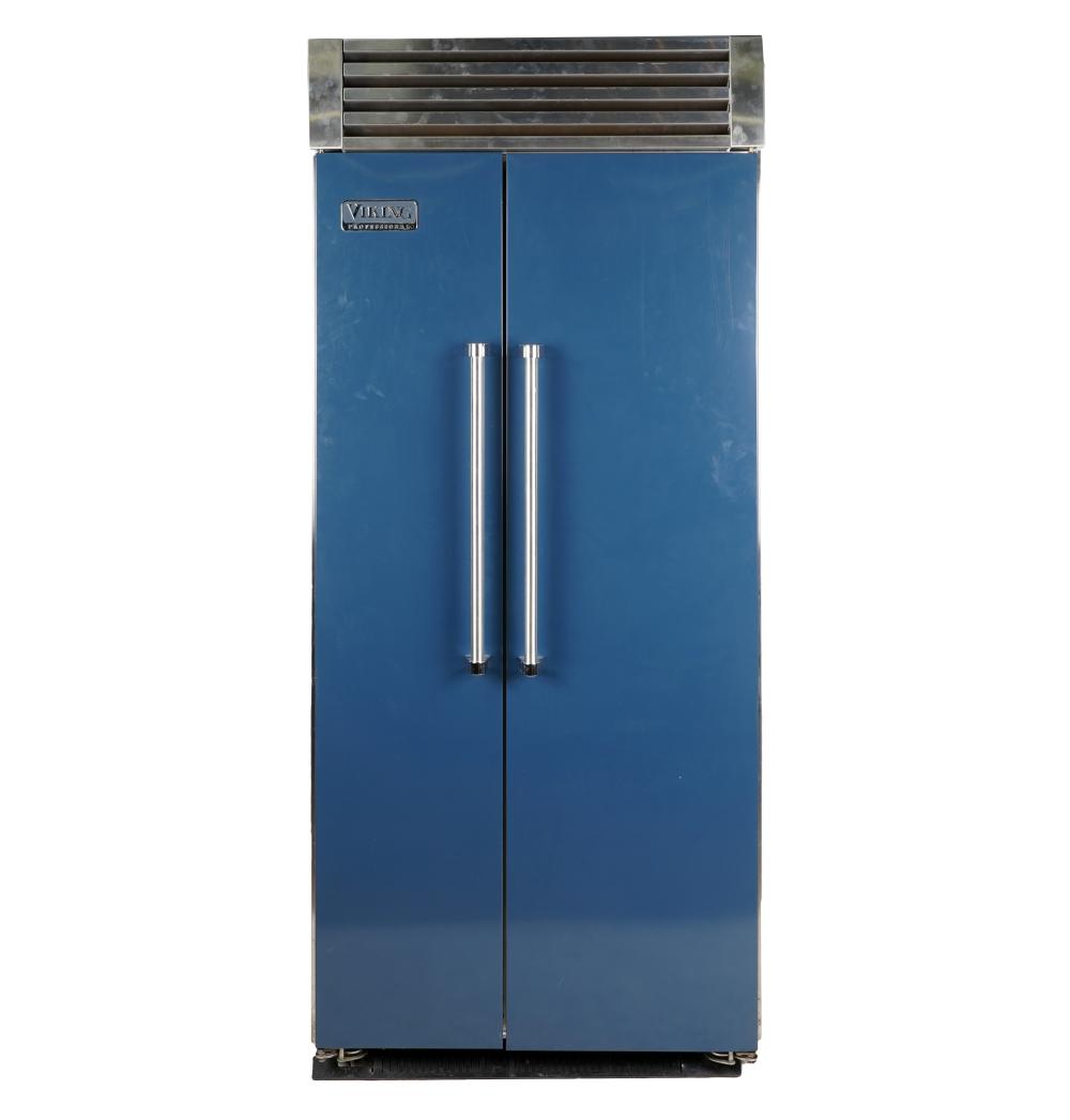 Appraisal: VIKING BLUE ENAMEL REFRIGERATORside by side built-in model with slide-out