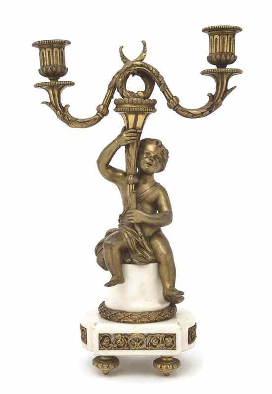 Appraisal: A Louis XVI Style Gilt Bronze and Marble Two-Light Candelabrum