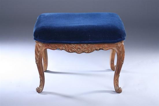 Appraisal: LOUIS XV STYLE CARVED FRUITWOOD BENCH th century with navy