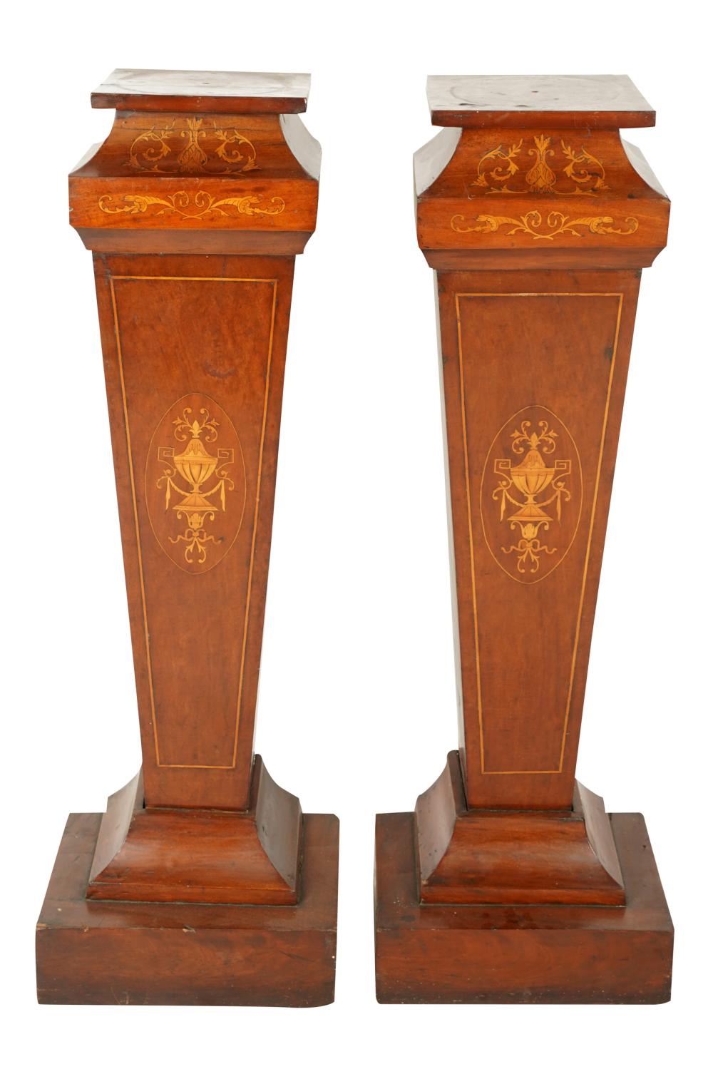 Appraisal: PAIR OF EDWARDIAN INLAID MAHOGANY PEDESTALSCondition with drill holes to