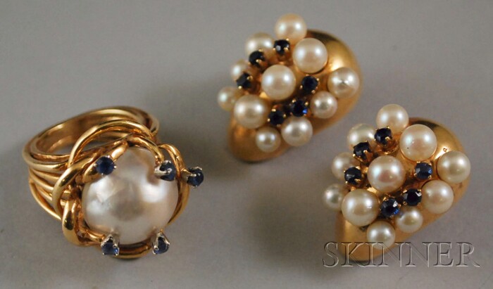 Appraisal: Three kt Gold Pearl and Blue Gemstone Jewelry Items a