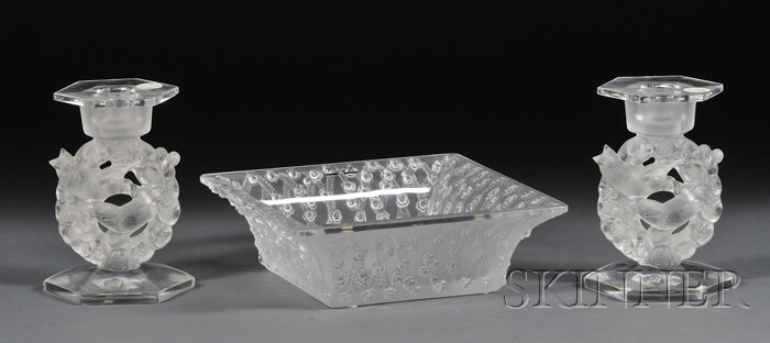 Appraisal: Lalique Crystal Carree Roses Bowl and Pair of Candleholders in