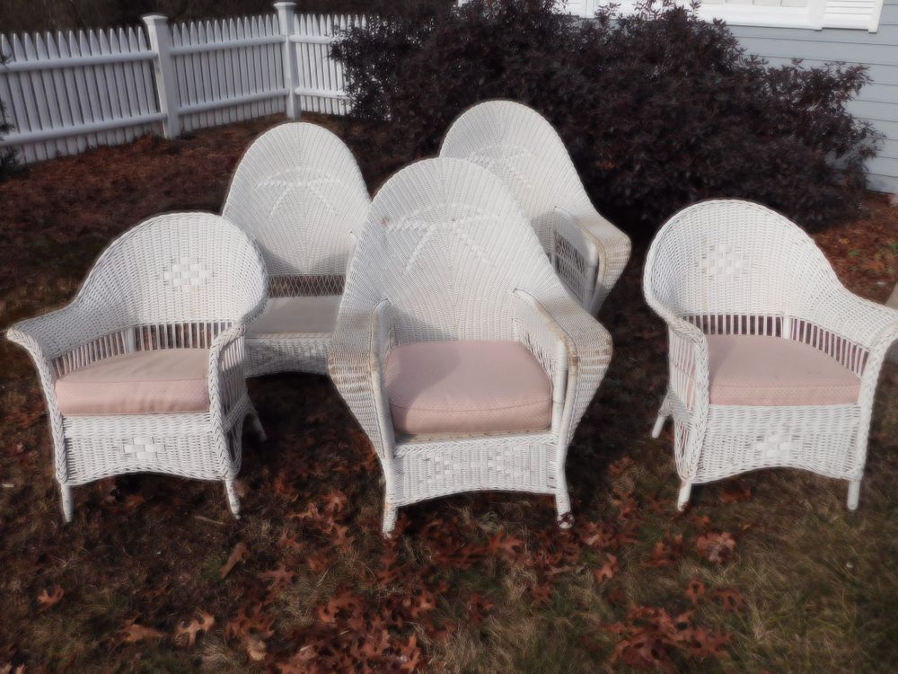 Appraisal: OLD WICKER CHAIRS Group of old white wicker painted high