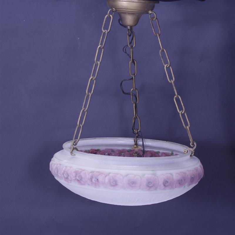 Appraisal: Reverse Painted Puffy-Style frosted floral glass shade ceiling light fixture