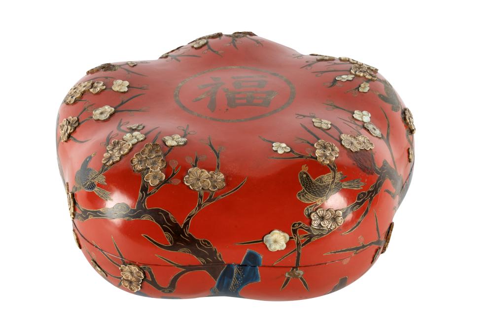 Appraisal: CHINESE INLAID RED LACQUERED BOXin the form of a gourd