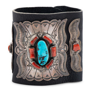 Appraisal: Navajo Stamped Silver Turquoise and Coral Ketoh with Repousse Accents