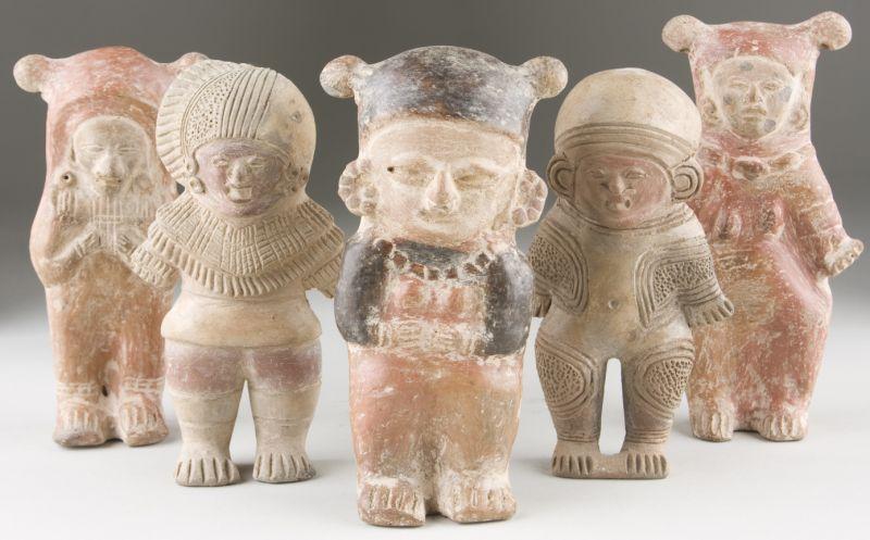 Appraisal: Five Pre-Columbian Style Effigy Figures Ecuador various glazes One figure