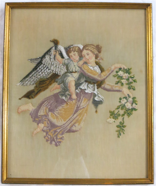 Appraisal: FRAMED VICTORIAN BEADED AND EMBROIDERED ANGEL depicting a floating female