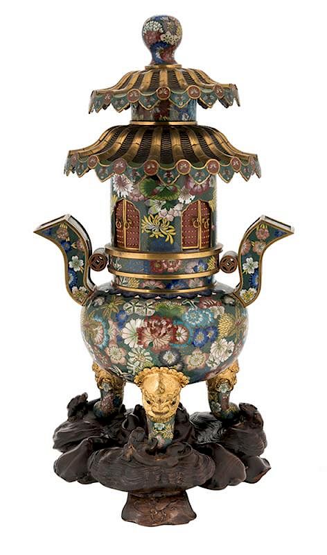 Appraisal: Chinese Cloisonne Incense Burner and Cover on Carved Wooden Stand