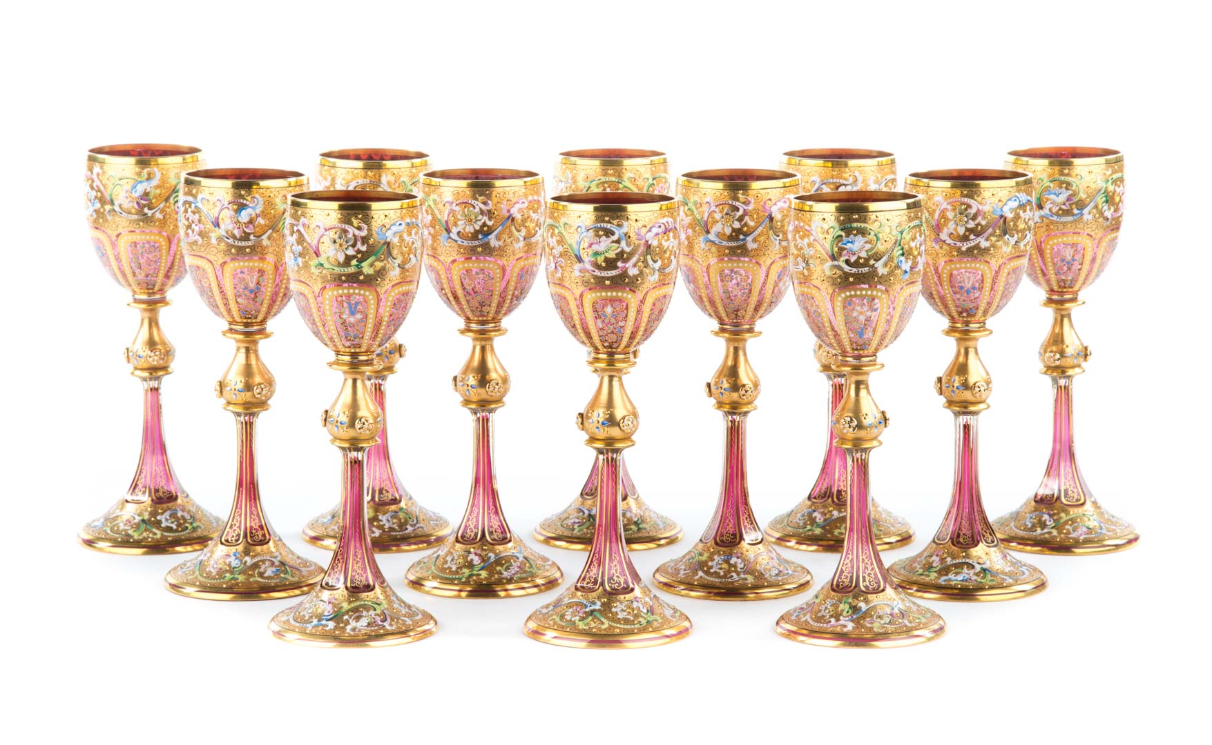 Appraisal: Twelve Bohemian glass wine stems attr to Moser late th