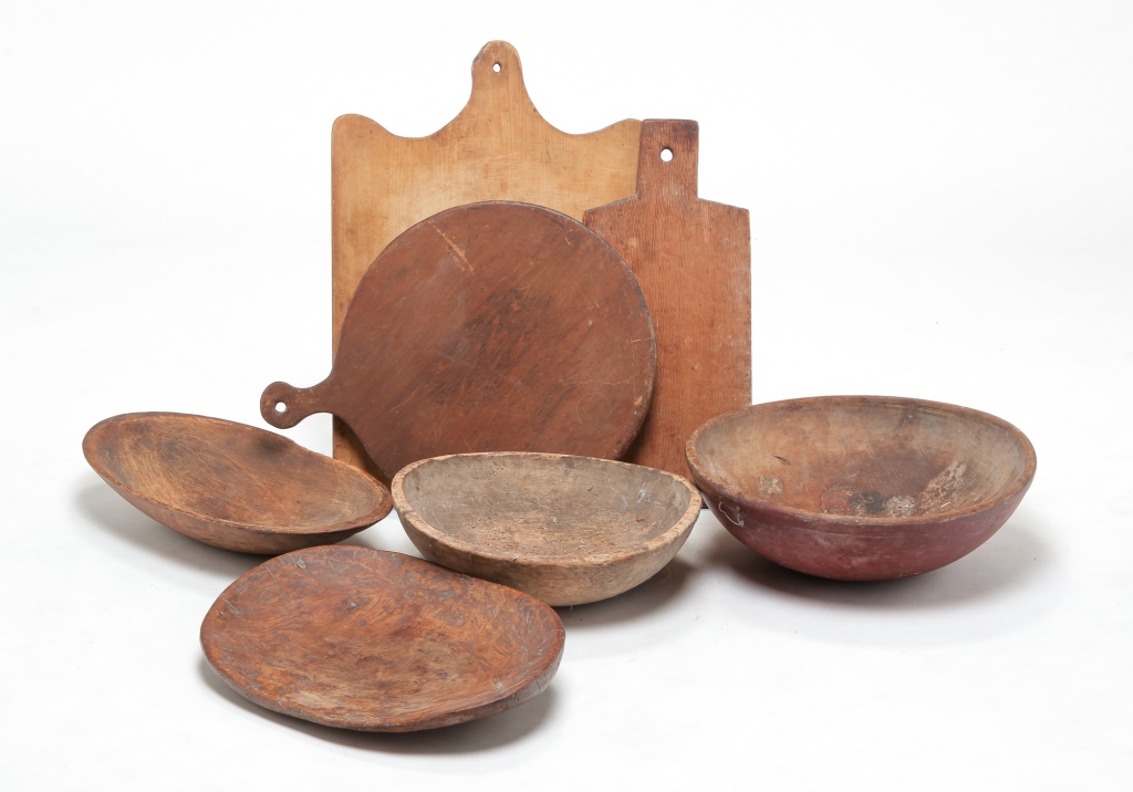 Appraisal: SEVEN PIECES OF AMERICAN KITCHEN WOODENWARE Nineteenth century Three cutting