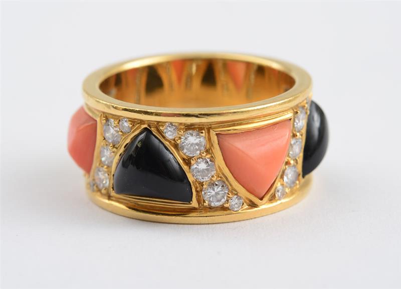 Appraisal: K GOLD CORAL BLACK ONYX AND DIAMOND RING BULGARI Band