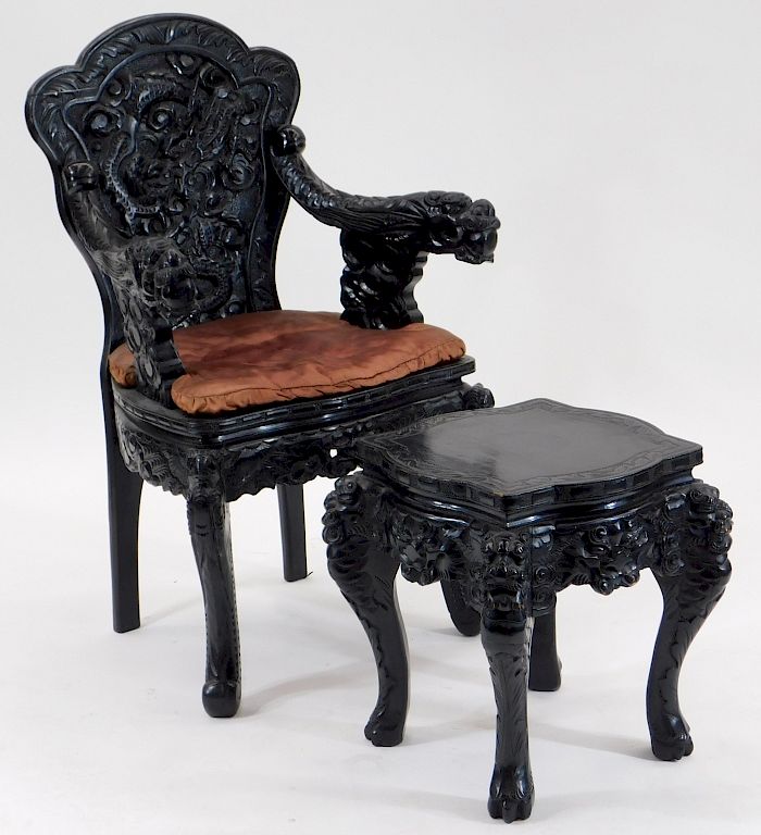 Appraisal: Japanese Black Lacquer Carved Wood Chair and Stool Japan th