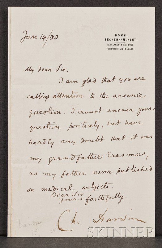 Appraisal: Darwin Charles - Signed letter January one page likely to