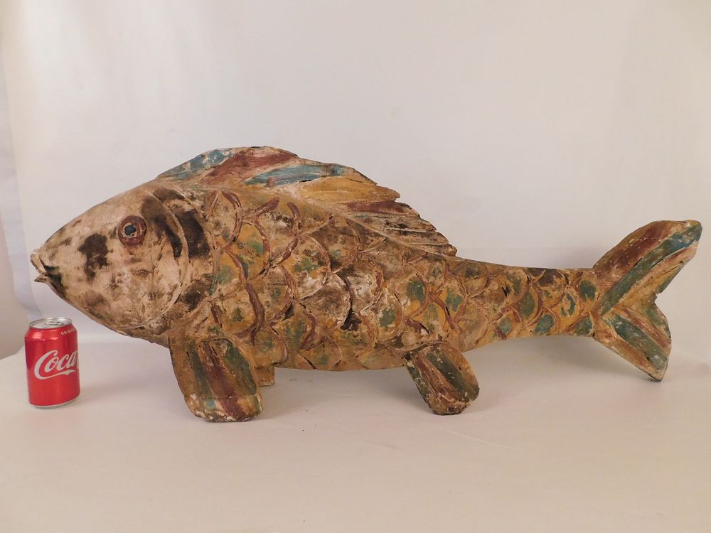 Appraisal: INCH FOLK ART FISH SCULPTURE Vintage carved wood and polychromed