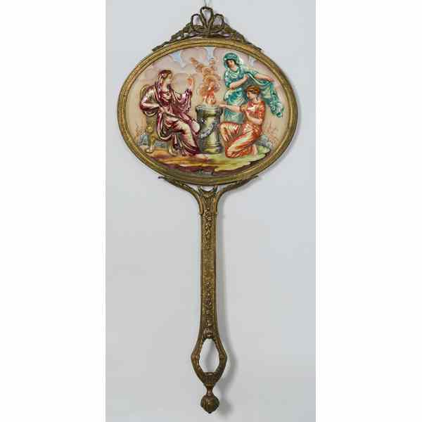 Appraisal: Capodimonte-style Bronzed Hand Mirror Continental A bronzed metal hand mirror