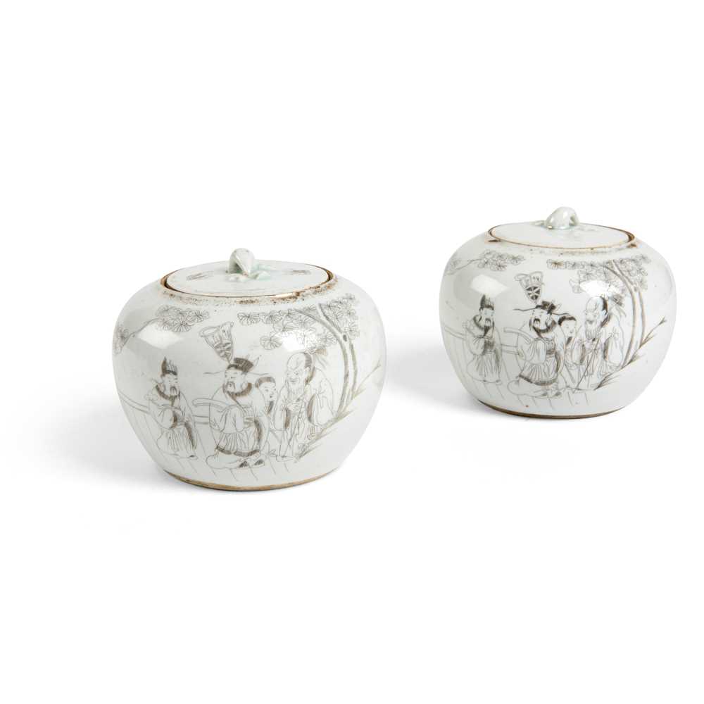 Appraisal: PAIR OF GRISAILLE-DECORATED TEA CANISTERS WITH COVERS REPUBLIC PERIOD each